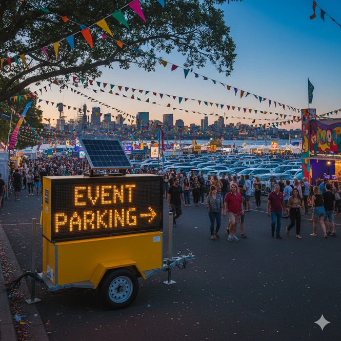 VMS board displaying 'EVENT PARKING' at a large outdoor festival