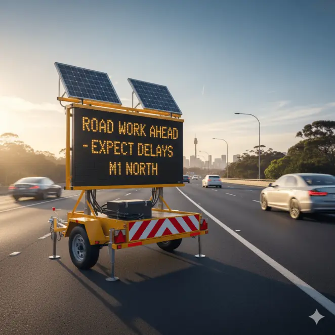 VMS board displaying 'SEEKING TRADES' near a commercial development